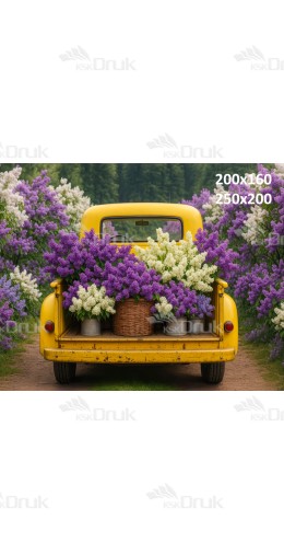 Tło fotograficzne „Żółty retro pickup w alei bzu” | E_743